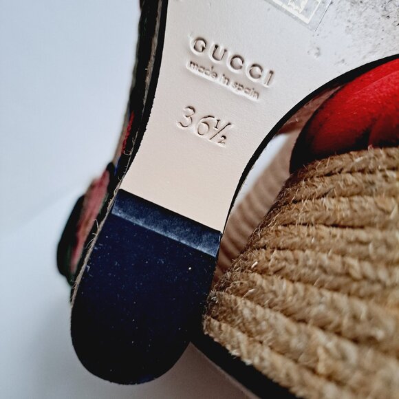 Gucci Red Suede Floral Embroidered Wedge Platform Ankle Strap Size 36.5 - Picture 15 of 16